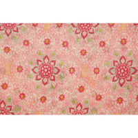 Close-up of pink scarf fabric with medallion floral pattern and small star details