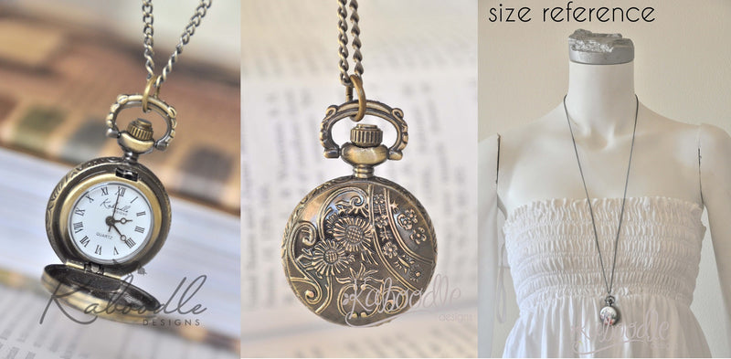 Handmade Artwork Stainless Steel Pocket Watch Necklace - Japanese Kokeshi Doll - Blue