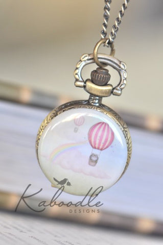 Air Balloon Owl - Small Pocket Watch Necklace