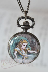 Alice in Wonderland pocket watch necklace showing Alice illustration on antique bronze case