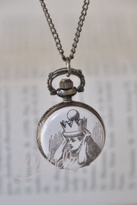 Antique bronze pocket watch necklace with illustration of Alice wearing a crown