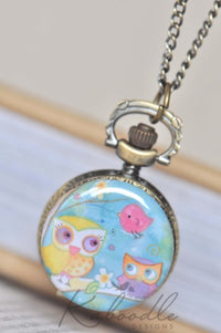 Bird and owls friends pocket watch necklace with pastel illustrated pendant