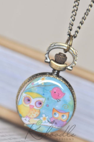Bird and Owls Friends - Pocket Watch Necklace