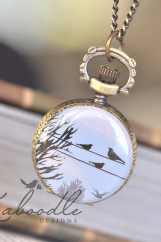 Birds on a Line - Small Pocket Watch Necklace