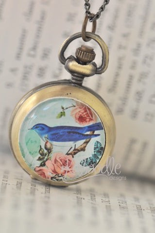 Blue Bird with Roses - Pocket Watch Necklace