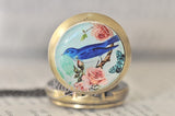 Blue Bird with Roses - Pocket Watch Necklace
