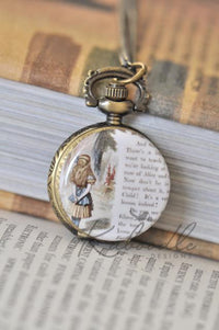 Antique bronze pocket watch necklace featuring an Alice in Wonderland illustration over a book page