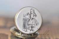 Close-up of the Alice illustration on the pocket watch pendant cover