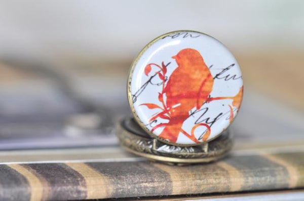 Retro Orange Bird Pocket Watch Necklace