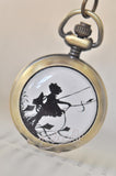 Handmade Artwork Stainless Steel Pocket Watch Necklace - Silhouette Girl Flying a Kite