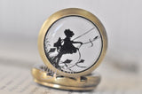 Handmade Artwork Stainless Steel Pocket Watch Necklace - Silhouette Girl Flying a Kite