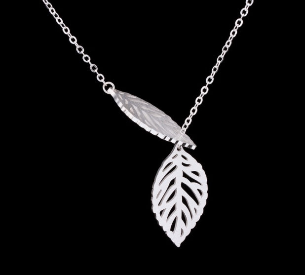 Silver - Stainless Steel Double Leaf Cutout Mini Dainty Minimalist Necklace