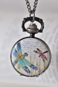 Dragonfly siblings pocket watch necklace with vintage script design under glass dome