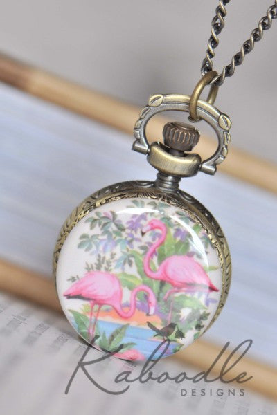 Flamingos - Pocket Watch Necklace