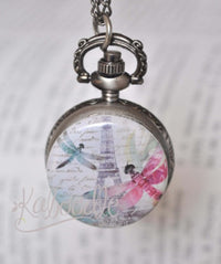 Eiffel Tower pocket watch necklace with watercolour dragonflies and vintage script pendant