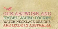 Kaboodle Designs banner noting artwork and pocket watch necklaces are made in Australia
