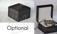 Optional black gift box shown open and closed with pocket watch necklace inside