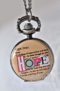 Hope script pocket watch necklace pendant with dictionary definition and colourful cut-out lettering