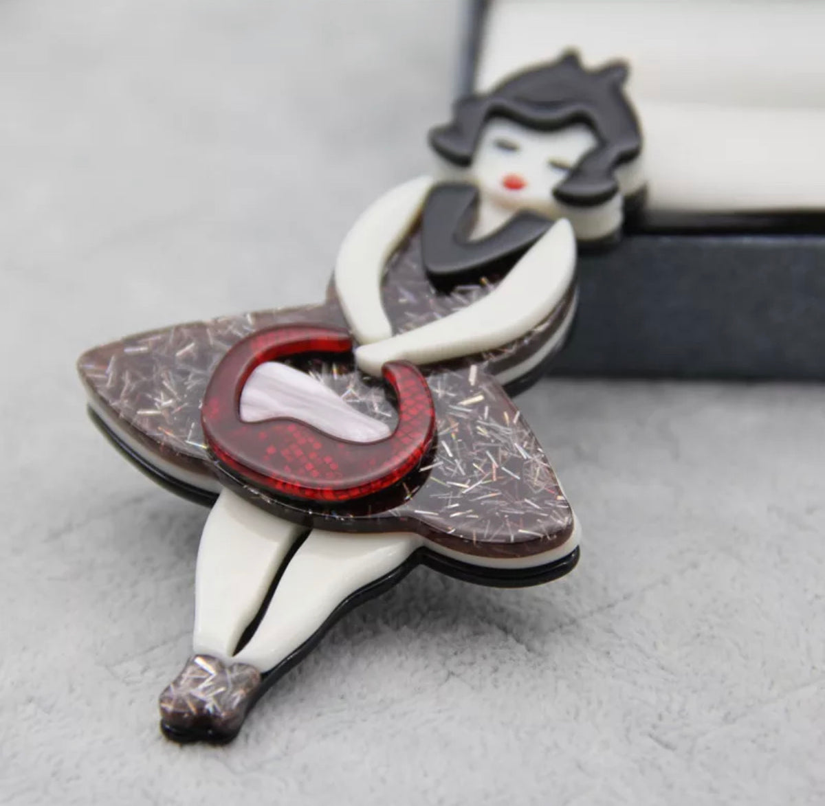 Acrylic Retro Lady Girl with Handbag Large Pin Brooch