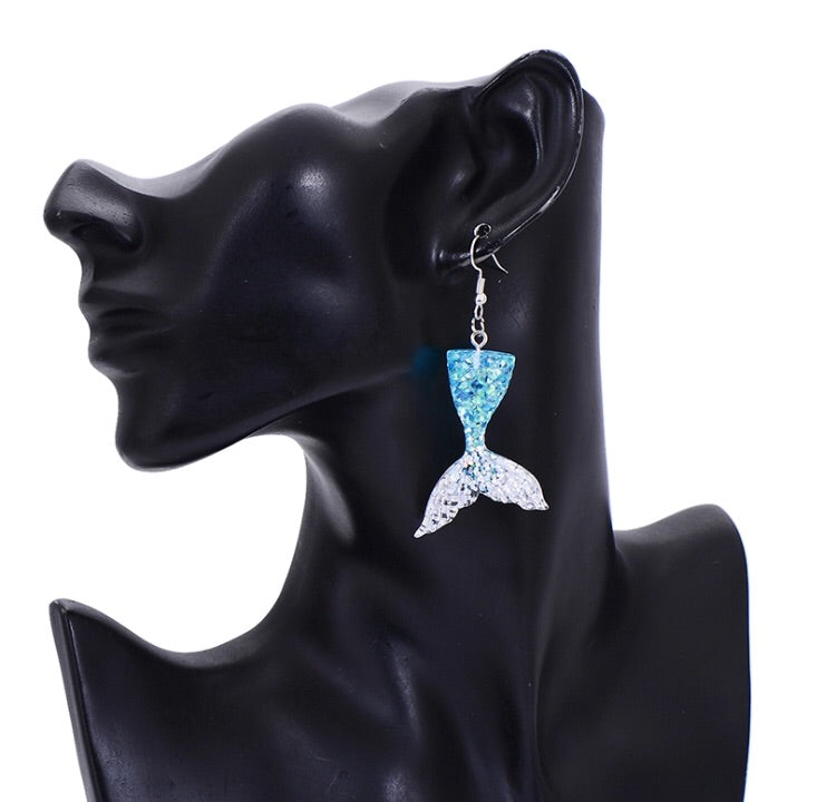 Resin Glitter Mermaid Fish Tail Dangle Drop Earrings - Gold Pink