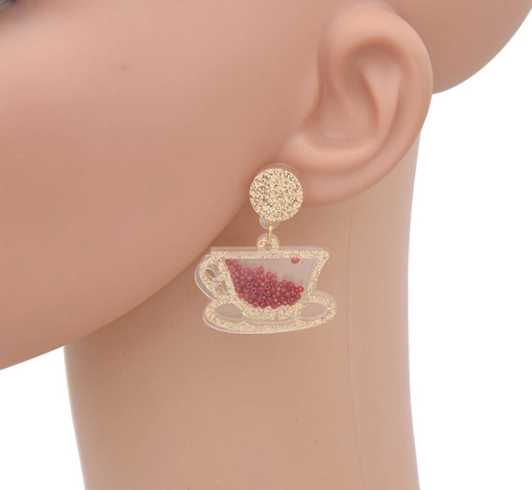 Acrylic Perspex Laser Cut Tea Pot and Tea Cup Drop Earrings - Gold