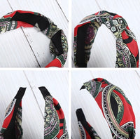 Close-up detail shots of a knotted chiffon headband in red and green pattern, showing knot construction