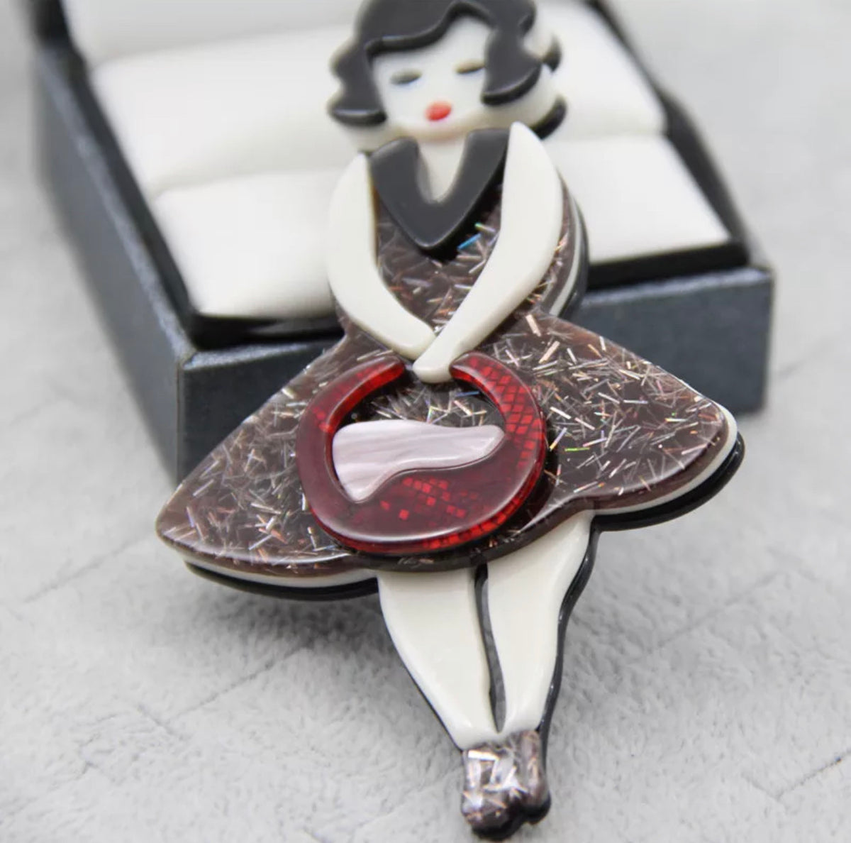 Acrylic Retro Lady Girl with Handbag Large Pin Brooch