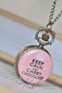Pink Keep Calm and Carry Chocolate pocket watch necklace pendant with crown design
