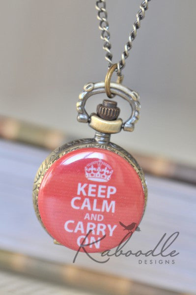 Keep Calm and Carry On in Red - Small Pocket Watch Necklace