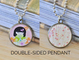 Handmade 25mm Double-Sided Glass Pendant Necklace - Japanese Kokeshi Doll and Sakura