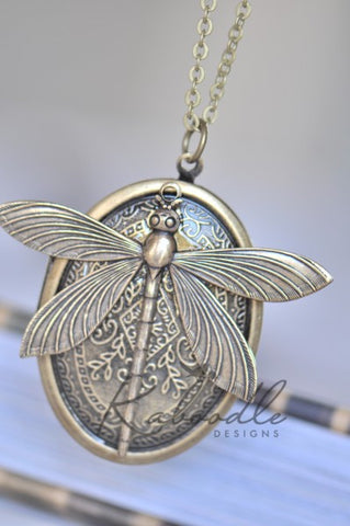 Large Dragonfly Locket Necklace in Bronze