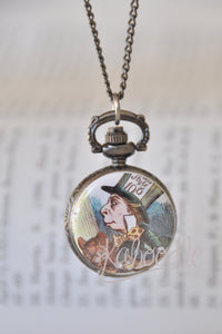 Mad Hatter pocket watch necklace pendant featuring vintage tea party illustration