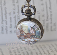Antique-style pocket watch necklace featuring the Mad Hatter's tea party scene with March Hare