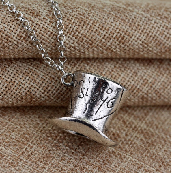 Antique Silver Tone Alice In Wonderland Mad Hatter Necklace