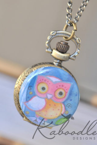 Owl Painting - Small Pocket Watch Necklace