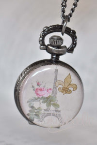 Gunmetal pocket watch necklace with Eiffel Tower, pink rose and gold fleur de lis design