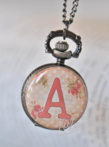 Shabby Pink Rose Alphabet Initial - Pocket Watch Necklace