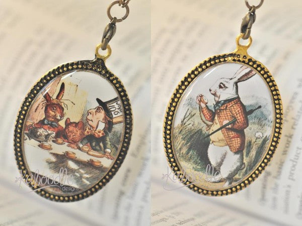 Handmade Oval Resin Double-Sided Necklace - Alice In Wonderland Tea Party and White Rabbit