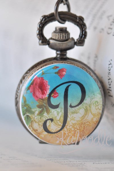 Vector Rose Alphabet Initial - Pocket Watch Necklace