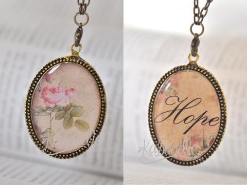 Handmade Oval Resin Double-Sided Necklace - Vintage Rose and Hope Script