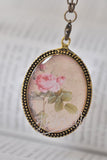 Handmade Oval Resin Double-Sided Necklace - Vintage Rose and Hope Script