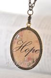 Handmade Oval Resin Double-Sided Necklace - Vintage Rose and Hope Script